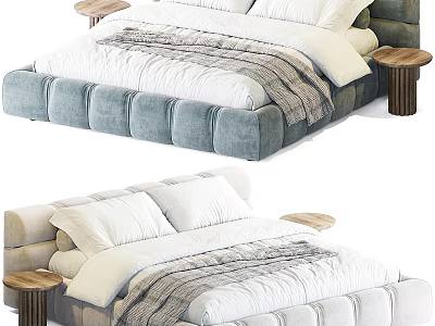 Cozy Modern Upholstered Double Bed With Tufted Details And Wooden Nightstands 3d model