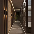 Modern Clubhouse Interior With Wooden Shelves Stone Wall Pebble Path And Green Plants