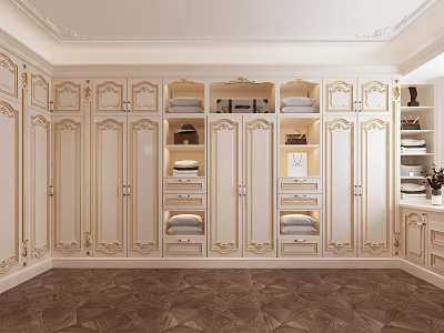Luxury Walk In Closet With Classic Gold Accented Cabinets And Storage 3d model