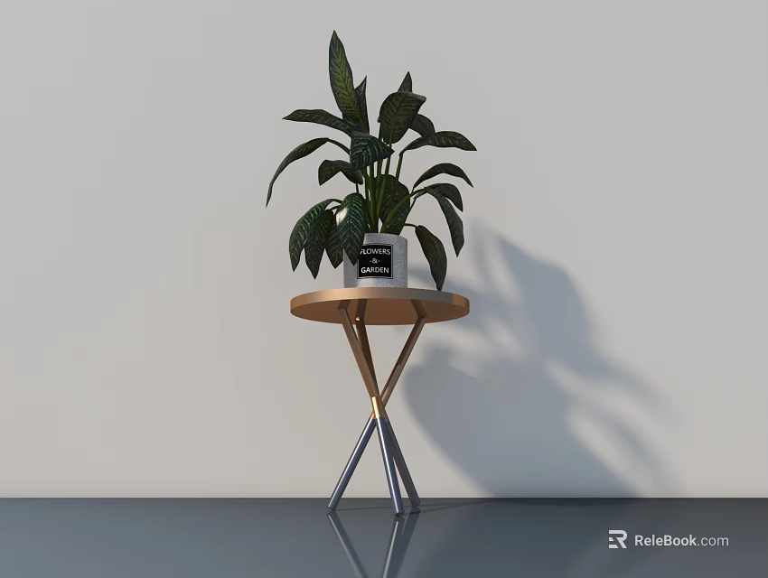Modern Side Table With Round Wooden Top And X Shaped Metal Legs Holding Green Potted Plant In Minimalist Room 3d model 