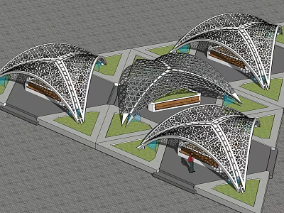 Multiple Modern Curved Pergolas With Metal Mesh Structure Green Lawn And Paved Ground 3d model