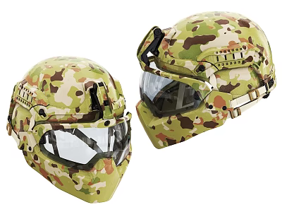 Camouflage Military Helmets With Clear Visors And Tactical Combat Protection Gear 3d model