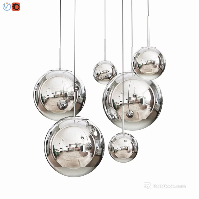Multiple Sizes Modern Decorative Mirrored Spherical Chandeliers Hanging In Interior Space 3d model 