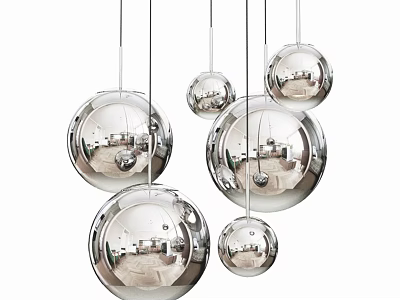 Multiple Sizes Modern Decorative Mirrored Spherical Chandeliers Hanging In Interior Space 3d model