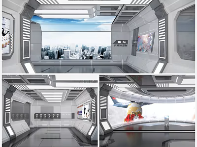 Modern Exhibition Hall Interior With Urban Skyline Background LED Lighting And Display Panels 3d model