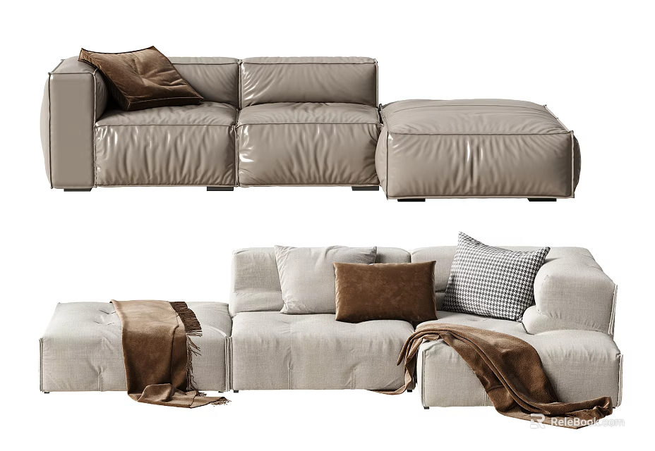 Modern Beige Fabric Sectional Sofa With Decorative Pillows And Throw Blanket 3d model