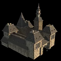 Ancient Historic Stone Building Featuring Spires Arched Gate Gabled Roofs And Arched Windows