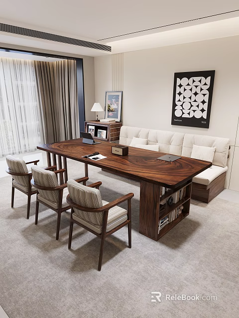 Modern Wooden Table And Chairs Set In Living Room With Sofa Bookshelf And Wall Art 3d model 