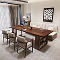 Modern Wooden Table And Chairs Set In Living Room With Sofa Bookshelf And Wall Art