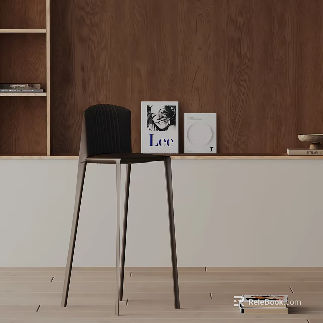 Dark Bar Stool In Modern Minimalist Interior With Wooden Wall Shelf And Artwork 3d model 