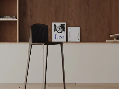 Dark Bar Stool In Modern Minimalist Interior With Wooden Wall Shelf And Artwork 3d model