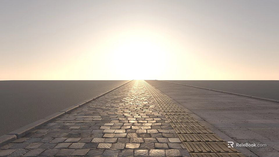 Road Infrastructure With Stone Paved Sections Sunlight Reflection And Open Sky Horizon 3d model 