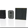 Futuristic Industrial Door Panels With Black Finish Circular Window And Yellow Warning Stripes