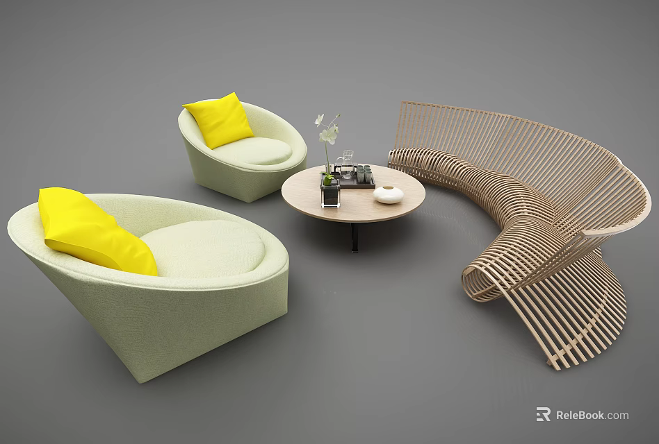 Light Green Sofa and Coffee Table Set With Yellow Cushions Round Table and Rattan Design 3d model 