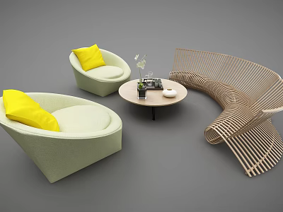 Light Green Sofa and Coffee Table Set With Yellow Cushions Round Table and Rattan Design 3d model