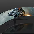 Curved TV Displaying Intense Gaming Battle Scene With Flaming Action And Characters