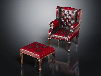 Red Leather Tufted Wingback Chair And Ottoman With Wooden Legs 3d model