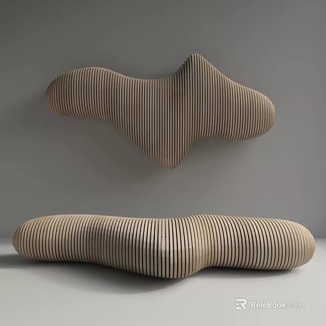 Modern Wooden Public Chair With Striped Curved Design And Wavy Shape 3d model 