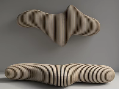 Modern Wooden Public Chair With Striped Curved Design And Wavy Shape 3d model