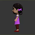 3D Cartoon Girl Character With Black Hair Pigtails Purple Striped Dress And Red Shoes