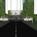 Modern Garden Landscape With Black Metal Sculpture Green Trees And Grille Structure