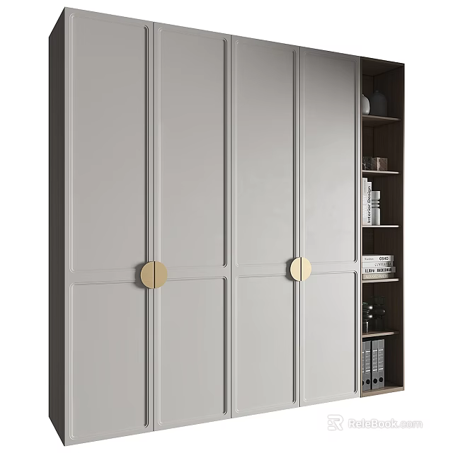 Modern Grey Wardrobe With Gold Round Handles And Open Shelves With Books 3d model 