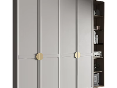 Modern Grey Wardrobe With Gold Round Handles And Open Shelves With Books 3d model