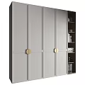 Modern Grey Wardrobe With Gold Round Handles And Open Shelves With Books