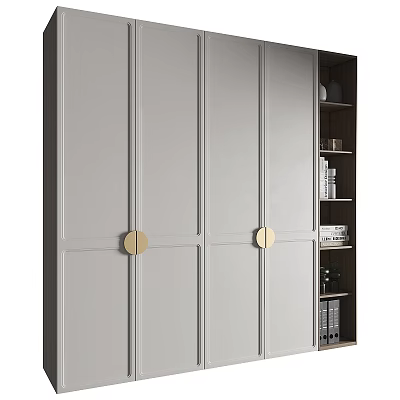 Modern Grey Wardrobe With Gold Round Handles And Open Shelves With Books 3d model