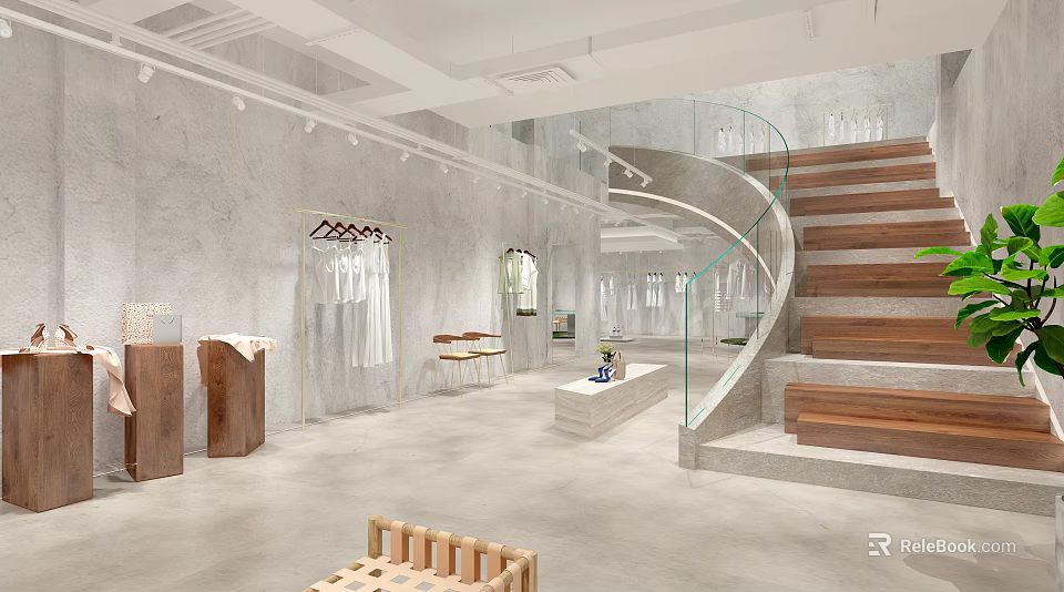 Modern Clothing Store Interior With Fashion Apparel Displays And Glass Staircase Design 3d model 