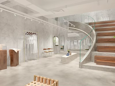 Modern Clothing Store Interior With Fashion Apparel Displays And Glass Staircase Design 3d model