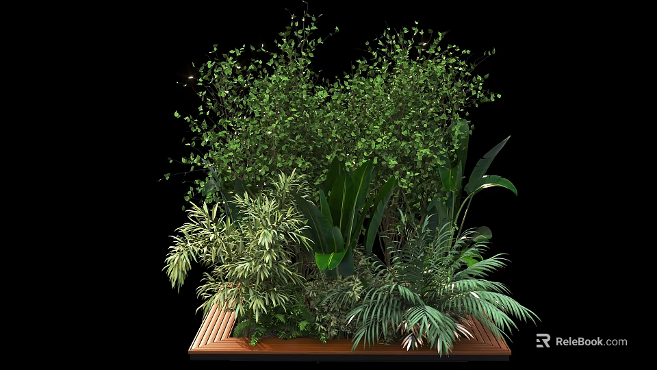 Lush Shrub With Green Foliage And Palm Leaves On Wooden Platform 3d model 