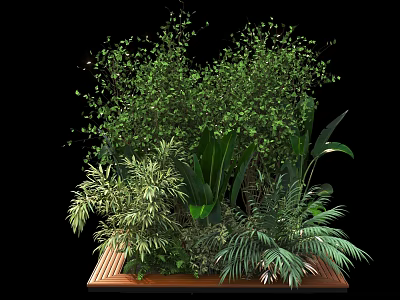 Lush Shrub With Green Foliage And Palm Leaves On Wooden Platform 3d model