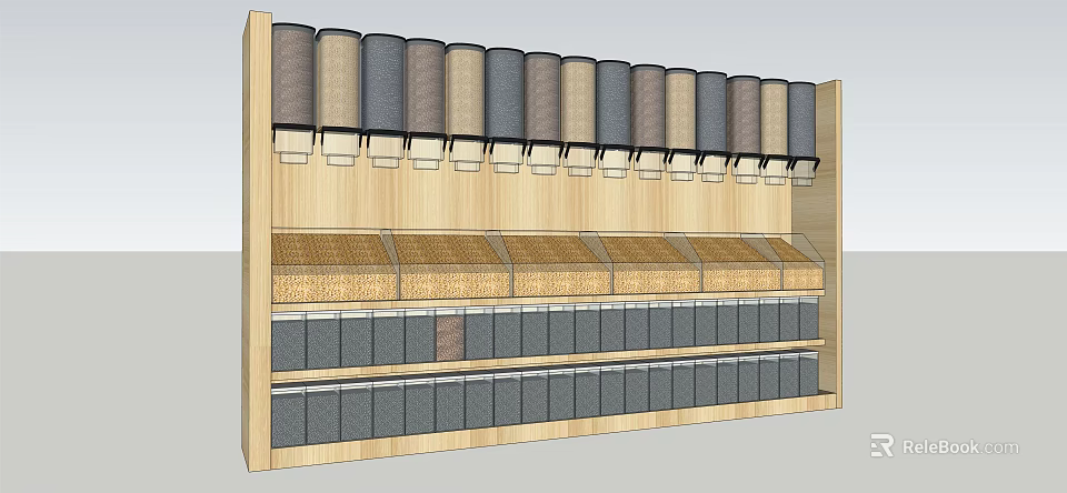Wooden Showcase Shelves with Multi Tier Design for Grain Storage and Clear Lid Containers 3d model 
