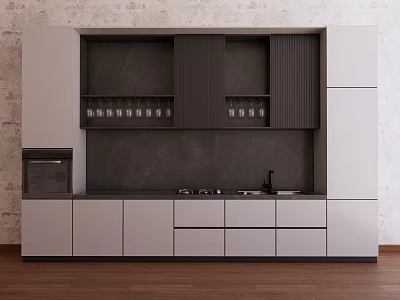 Modern White Dark Gray Kitchen Cabinets With Brick Wall Wooden Floor Oven Sink Stove 3d model