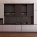 Modern White Dark Gray Kitchen Cabinets With Brick Wall Wooden Floor Oven Sink Stove