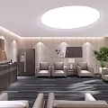 Hotel Public Lounge With Comfortable Sofas Large Windows Green Plants And Round Ceiling Light 3d model