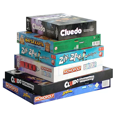 Stacked Board Game Boxes Featuring Classic Titles Like Monopoly Cluedo And Zig Zag 3d model