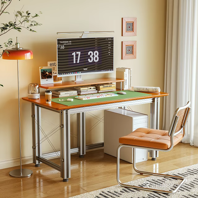 Wooden Desk With Green Mat Monitor Books Photo Frame Red Lamp And Orange Chair 3d model 