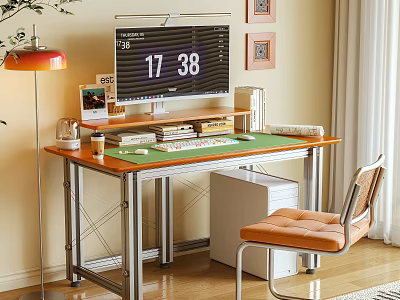 Wooden Desk With Green Mat Monitor Books Photo Frame Red Lamp And Orange Chair 3d model