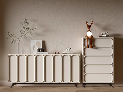 Elegant Modern White Entryway Cabinet Sideboard With Decorative Deer Ornament Green Plant Photo Frame 3d model