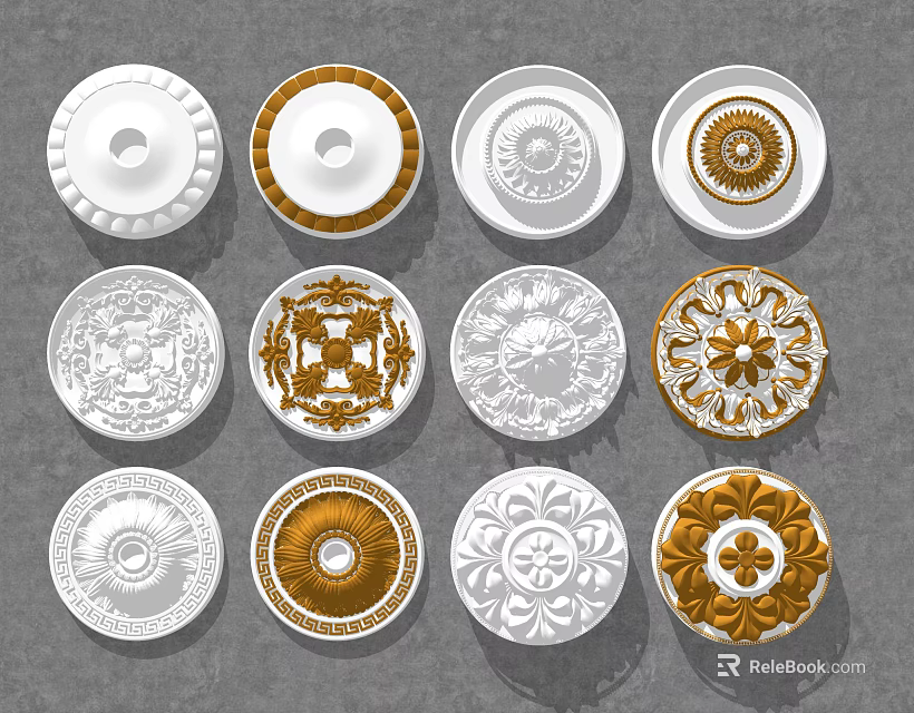 Ornate Ceiling Medallions In White And Gold With Various Intricate Patterns For Home Decor 3d model 
