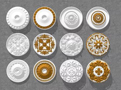 Ornate Ceiling Medallions In White And Gold With Various Intricate Patterns For Home Decor 3d model