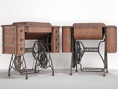 Vintage Industrial Sewing Machines With Wooden Cabinets And Metal Frames 3d model