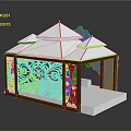 Display Cabinet Shelf With White Roof Brown Frame And Carved Decorative Design