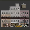 Multi Story Building With Water Tower Pink Facade And Parking Area Featuring Construction Vehicle