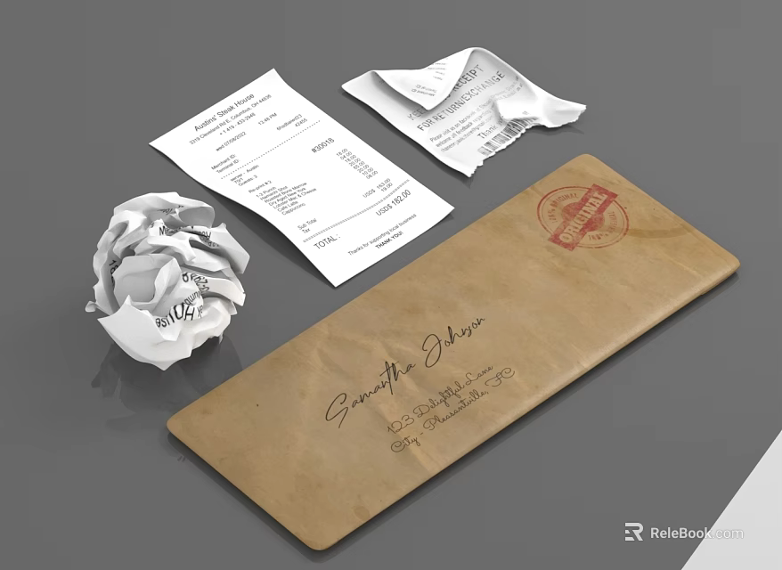 Handwritten Stamped Envelope With Unfolded Receipts And Crumpled Paper On Gray Surface 3d model 