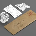 Handwritten Stamped Envelope With Unfolded Receipts And Crumpled Paper On Gray Surface
