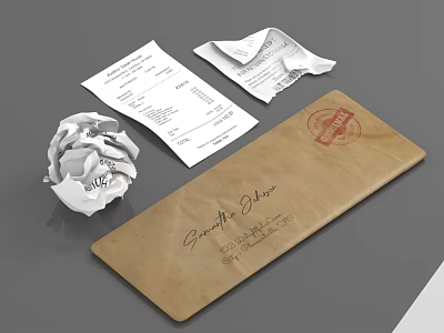 Handwritten Stamped Envelope With Unfolded Receipts And Crumpled Paper On Gray Surface 3d model