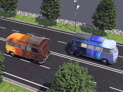 Vintage Vans In Orange Brown And Blue Colors Driving On Road With Trees 3d model